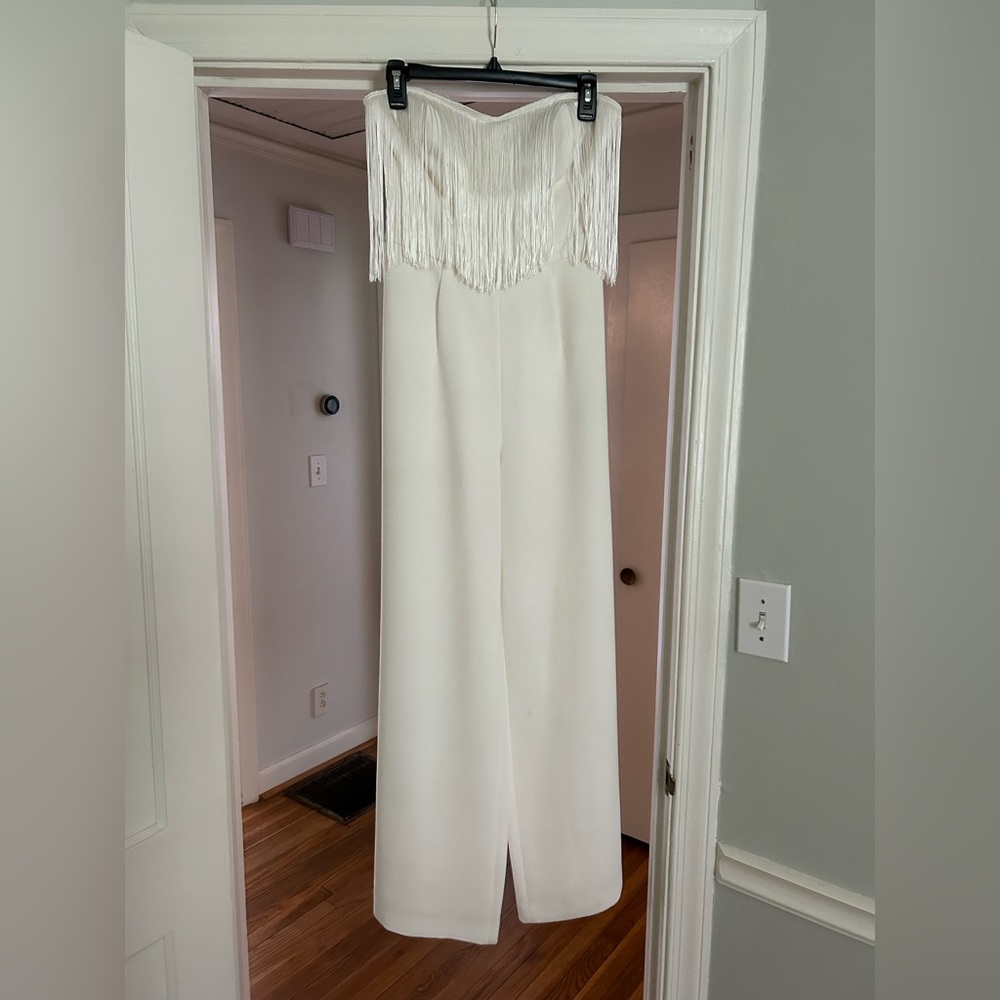 Jessica Simpson white wide leg strapless jumpsuit with fringe - size S